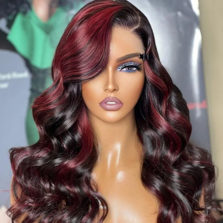 Highlight Burgundy Red 99j Body Wave 13x4 Lace Front /4*4 Lace Closure Wigs Money Piece Ombre Color Lace Wigs- Amanda Hair Highlight Burgundy Red 99j Body Wave 13x4 Lace Front /4*4 Lace Closure Wigs Money Piece Ombre Color Lace Wigs- Amanda Hair