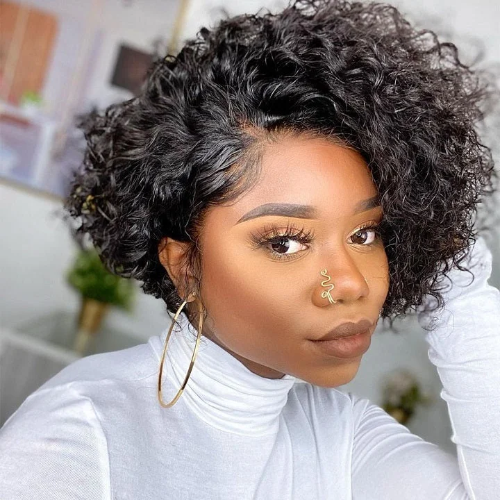 Bob Wigs for African - American Women​ Bob Wigs for Rectangle - Shaped Figures​ Glueless Pre Cut Lace Short Curly Pixie Cut Bob Lace Closure Wigs Brazilian Human Hair Frontal Wigs