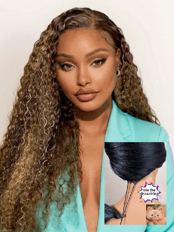 Curly wig with a side - swept bang for a sophisticated look Beme 13x4 Glueless ReadyWear MultiLace Blonde Highlights Jerry Curly Wig 100% Human Hair Real Ear To Ear With Invisi Drawstring Wig Lace Fit Better Curly wig with a side - swept bang for a sophisticated look Beme 13x4 Glueless ReadyWear MultiLace Blonde Highlights Jerry Curly Wig 100% Human Hair Real Ear To Ear With Invisi Drawstring Wig Lace Fit Better