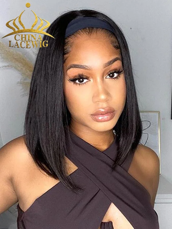Bob Wigs for Modest Fashion Trends​ Bob Wigs with Breathable Caps for Comfort​ Chinalacewig Anniversary Sale Headband Short Black Bob Human Hair Wig CF534