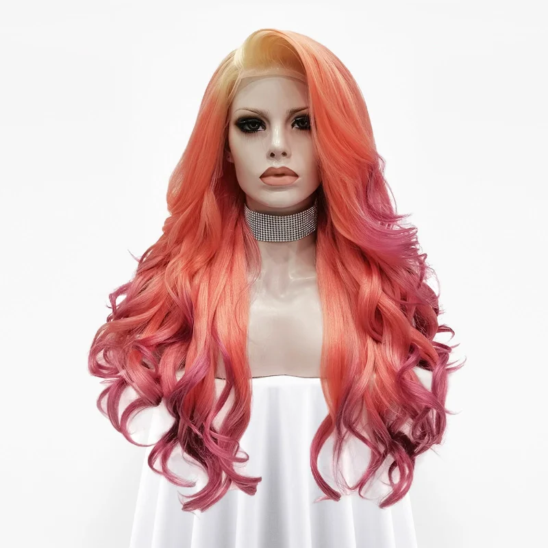 Flamingo - Blonde Orange Purple Ombre Long Wavy Synthetic Lace Front Wig