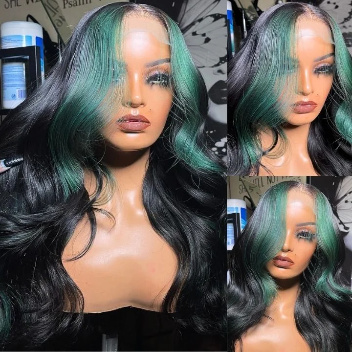 Highlight Money Piece Mint Green Transparent Lace Front Human Hair Wigs Body Wave 13x4/4x4 Lace Color Wig-Amanda Hair Highlight Money Piece Mint Green Transparent Lace Front Human Hair Wigs Body Wave 13x4/4x4 Lace Color Wig-Amanda Hair