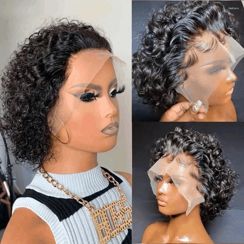 Curly wig with a side - part for a more flattering look Human Hair Wig Pixie Cut Curly Short Bob Wig Lace Frontal Wig Natural Black Color Wig Curly wig with a side - part for a more flattering look Human Hair Wig Pixie Cut Curly Short Bob Wig Lace Frontal Wig Natural Black Color Wig