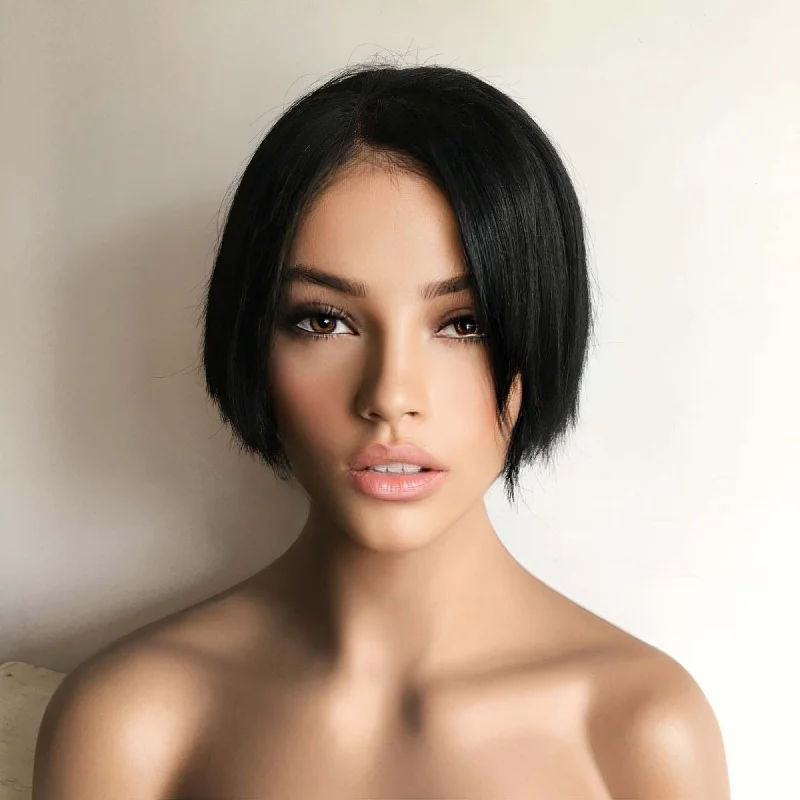 Jet Black Human Hair Wig For Women Lace Front Wig 13X6" Short Bob Side Part
