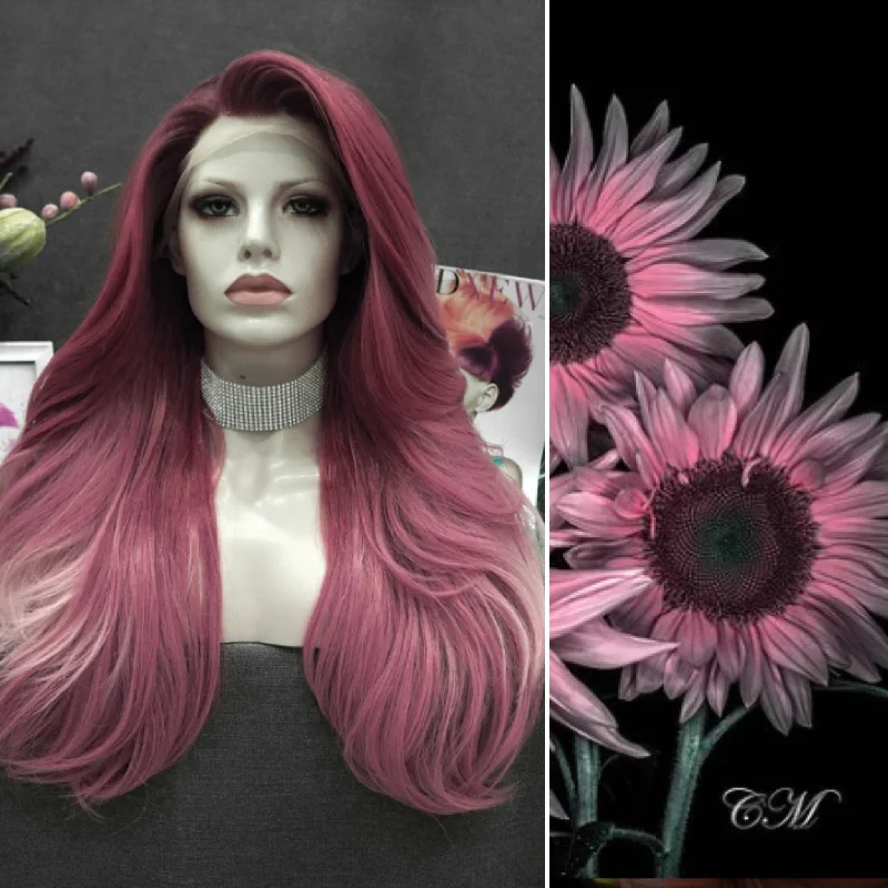 Rose Pink Ombre Long Loose Wave Synthetic Lace Front Wig