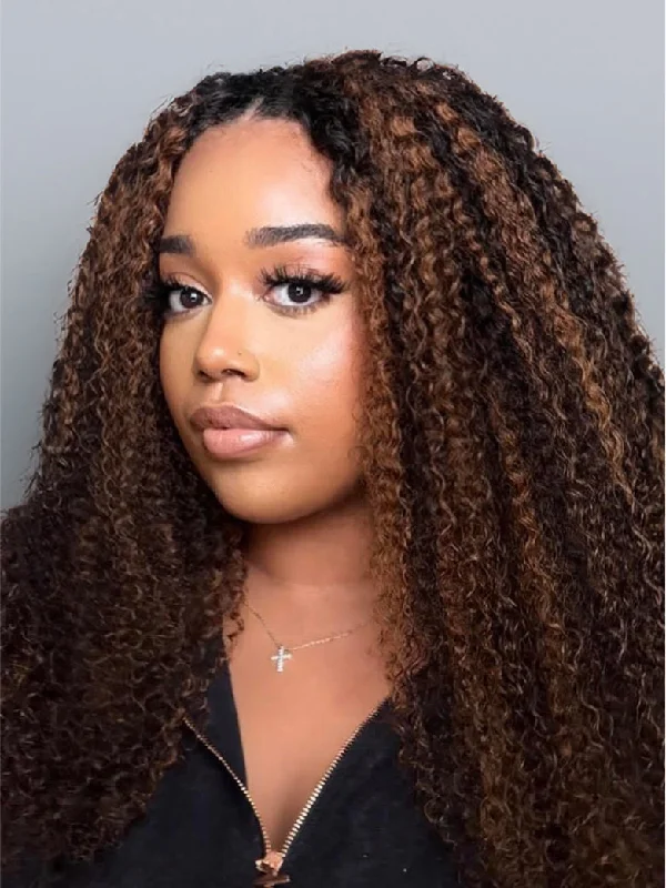 Ombre curly wig with a seamless color blend Beme Glueless ReadyWear 13x4 Brown Highlights Jerry Curly Wig 100% Human Hair Ombre curly wig with a seamless color blend Beme Glueless ReadyWear 13x4 Brown Highlights Jerry Curly Wig 100% Human Hair