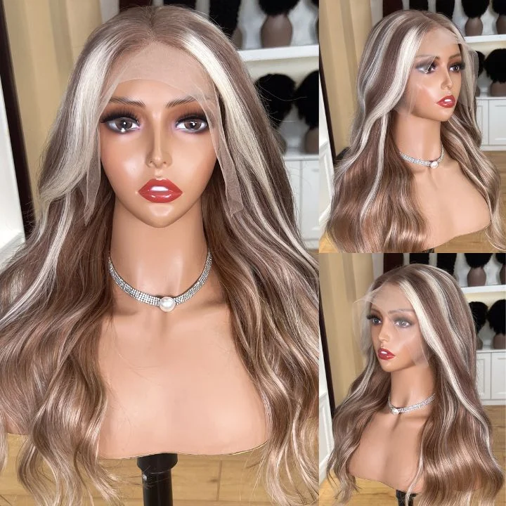 Highlight Linen 5x7 Glueless V8 Lace Wigs P16/613 Body Wave Lace Front Wigs Human Hair Undetectable Transparent HD with Deep Hairline Free Part C Type Hairstyle
