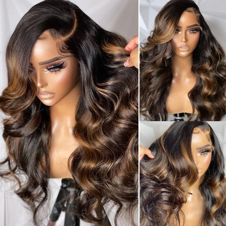 Balayage Light Brown Glueless Transparent Lace Closure Body Wave Wigs Human Hair 13x4 Lace Part Highlight Colored Wig-Amanda Hair Balayage Light Brown Glueless Transparent Lace Closure Body Wave Wigs Human Hair 13x4 Lace Part Highlight Colored Wig-Amanda Hair