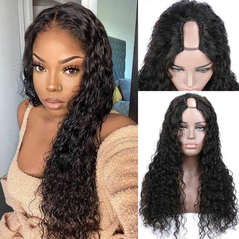 Water wave wig with a side - swept bang for a sophisticated look U Part Wig Human Hair Half Wigs Water Wave Wig Long Wigs Glueless