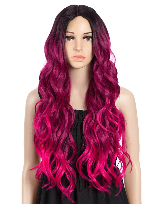 Noble 27 inch Body Wave T Part Lace Wig Ombre Color Pink Synthetic Wig