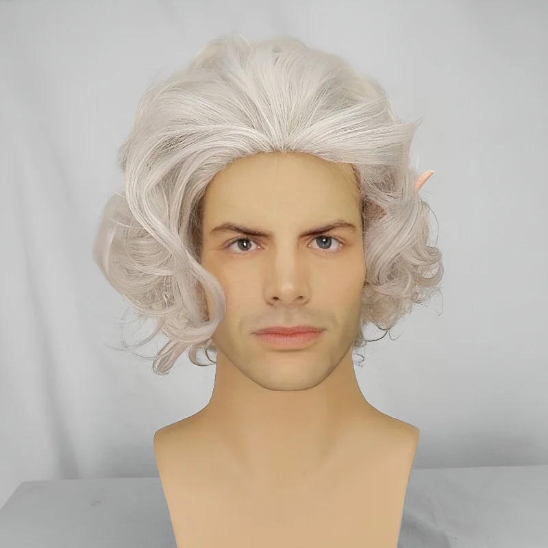 Men Silver White Cosplay Wig Short Curly Bouncy Slicked Back Anime Style With Ears