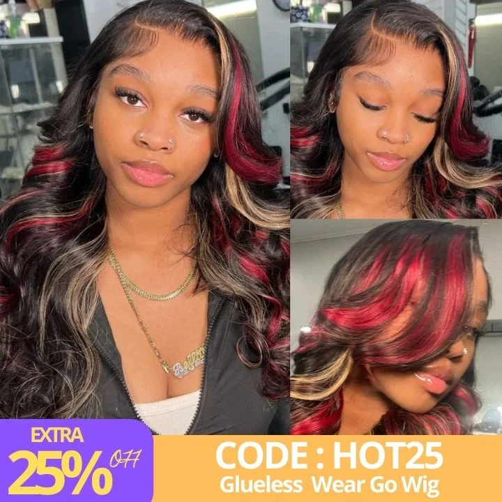 Highlight Transparent Lace Front Human Hair Wigs Body Wave Ombre Red Highlights Blonde Color 13x4/4x4 Glueless Lace Wig-Amanda Hair Highlight Transparent Lace Front Human Hair Wigs Body Wave Ombre Red Highlights Blonde Color 13x4/4x4 Glueless Lace Wig-Amanda Hair