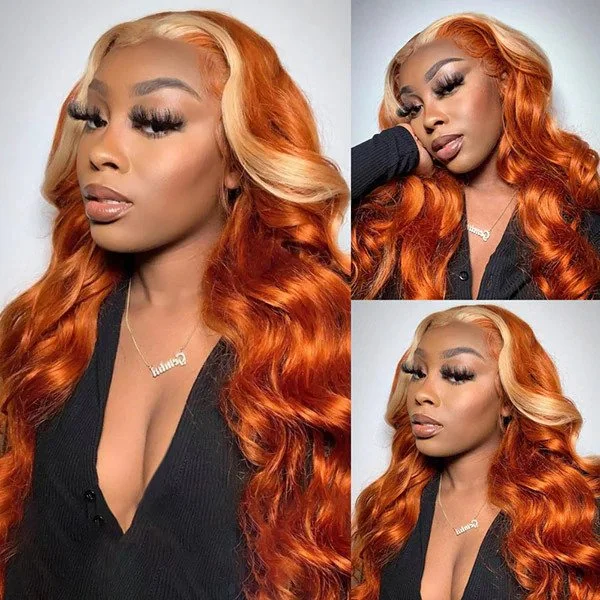 HD Highlight 613 Blonde Colored Body Wave Wigs Orange Ginger 13x4 Lace Front Wigs With Baby Hair 150% Density-Amanda Hair HD Highlight 613 Blonde Colored Body Wave Wigs Orange Ginger 13x4 Lace Front Wigs With Baby Hair 150% Density-Amanda Hair