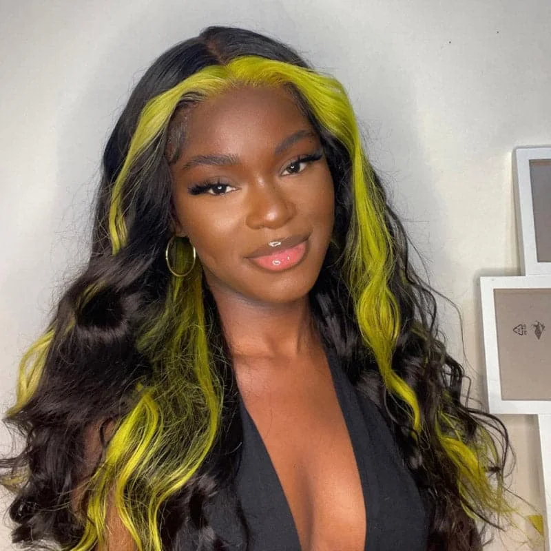 Highlights Skunk Stripe Green Pink Body Wave 13x4 HD Lace Human Hair Transparent Lace Wigs