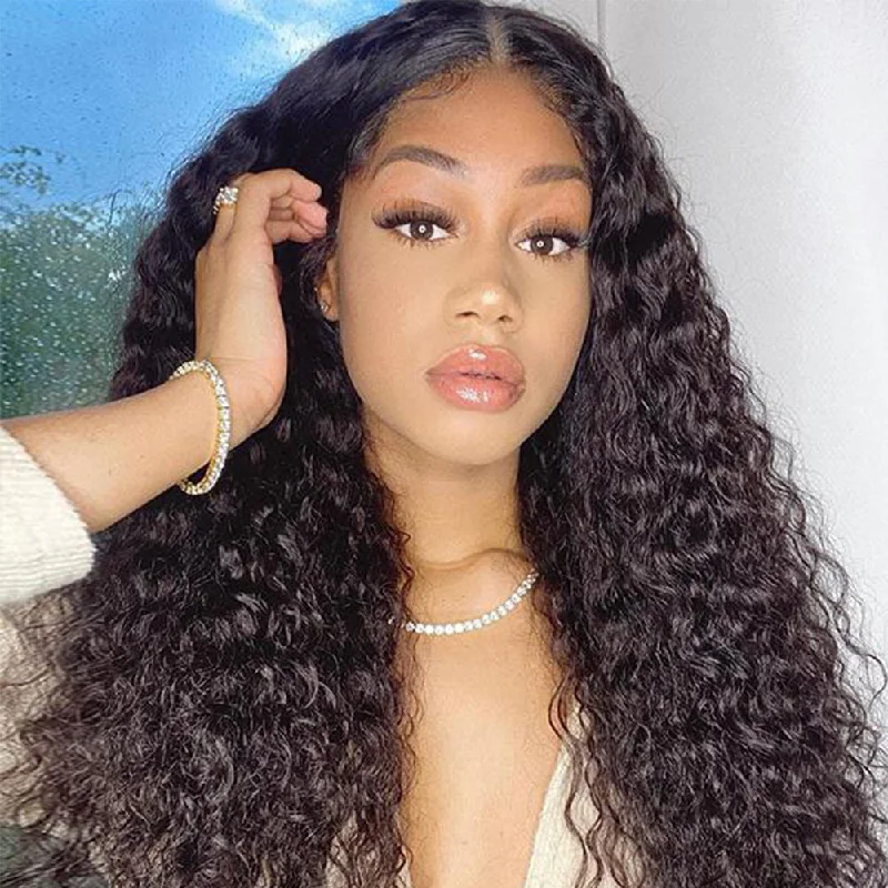 Curly wig with a 220 - density for an extra - full appearance Water Wave 4×4 Standard Lace Closure Wig Human Hair Natural Black Wigs Curly wig with a 220 - density for an extra - full appearance Water Wave 4×4 Standard Lace Closure Wig Human Hair Natural Black Wigs