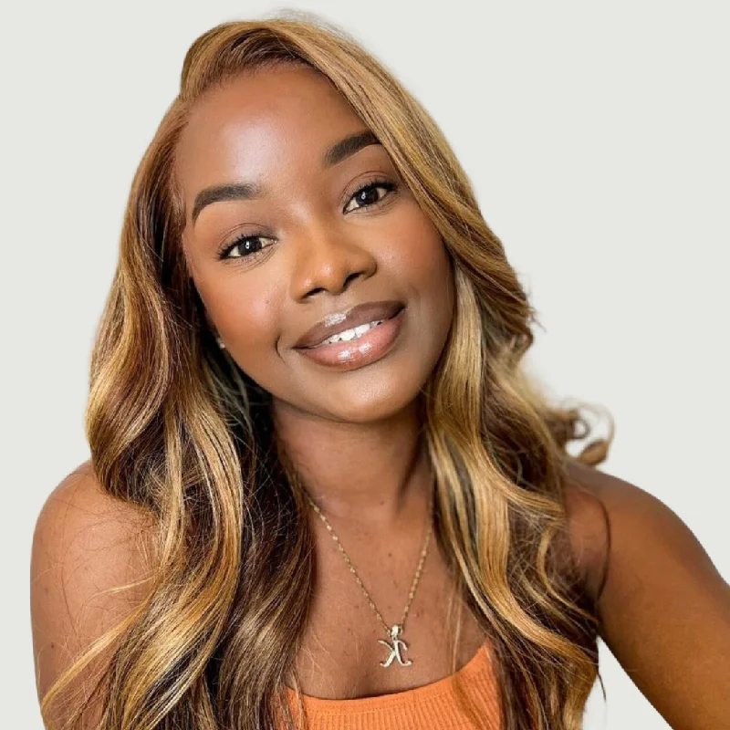 Curly wig with a pre - plucked hairline for a more natural look Michelle Bodywave Human Hair Wig With highlights Curly wig with a pre - plucked hairline for a more natural look Michelle Bodywave Human Hair Wig With highlights