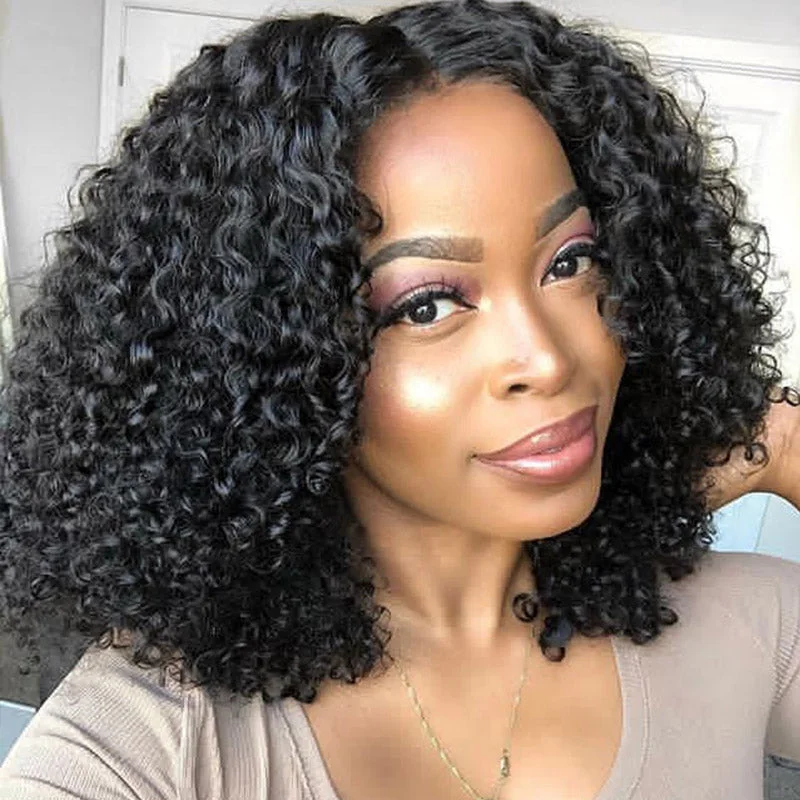 Curly wig with a 220 - density for an extra - full appearance No Leave Out V Part Human Hair Curly Bob Wig