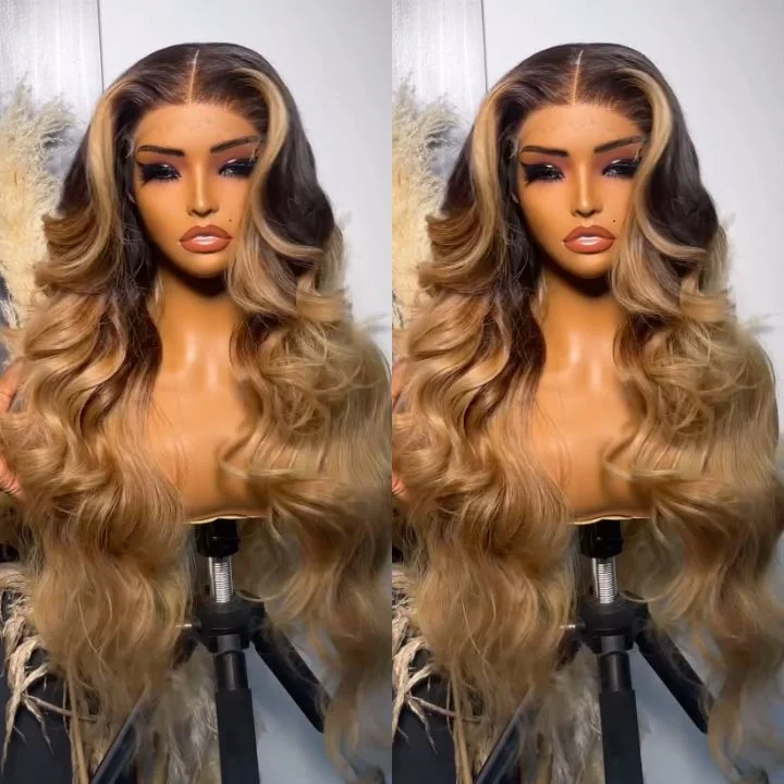 Glueless Dark Root Ombre Honey Blonde Lace Front 3D Body Wave Wig 100% Human Hair - Clear Transparent Lace Front/Closure Human Hair Colored Wig- Amanda Hair Glueless Dark Root Ombre Honey Blonde Lace Front 3D Body Wave Wig 100% Human Hair - Clear Transparent Lace Front/Closure Human Hair Colored Wig- Amanda Hair