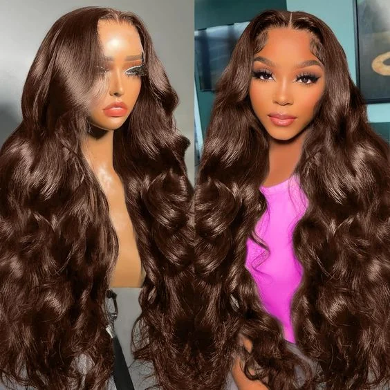 Brown Wig Body Wave Lace Frontal Wigs 4# Chocolate Brown Colored Human Hair Wigs