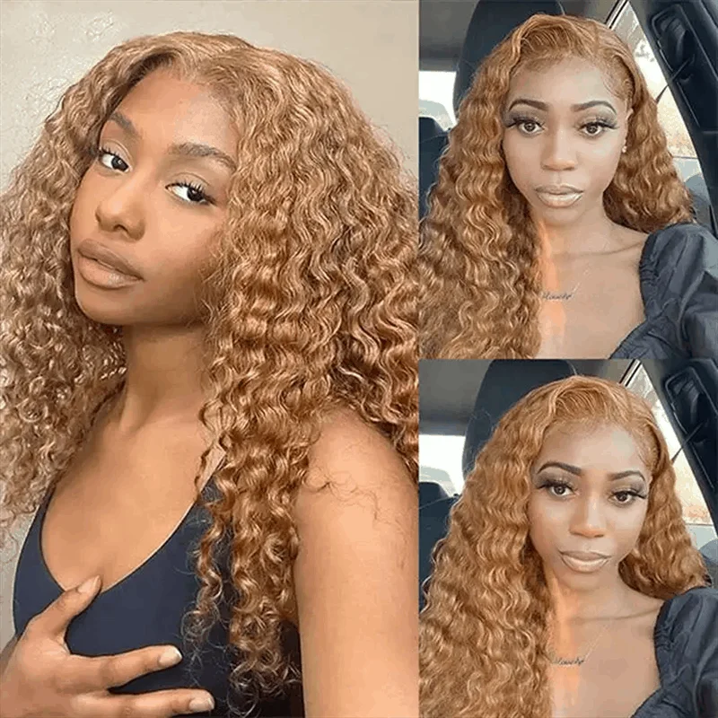 Curly wig in a platinum - blonde color for a bold and trendy look #27 Honey Blonde Color Kinky Curly 4×4 And 13×4 HD Transparent Lace Front Wig Human Hair Wig Curly wig in a platinum - blonde color for a bold and trendy look #27 Honey Blonde Color Kinky Curly 4×4 And 13×4 HD Transparent Lace Front Wig Human Hair Wig