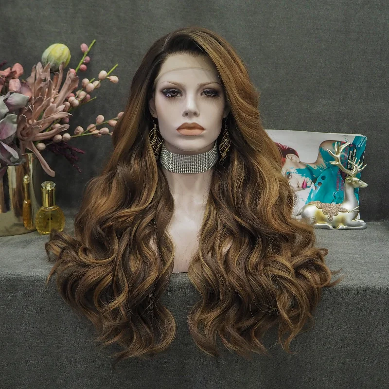 Brown Highlights Long Wave Synthetic Lace Front Women Wig