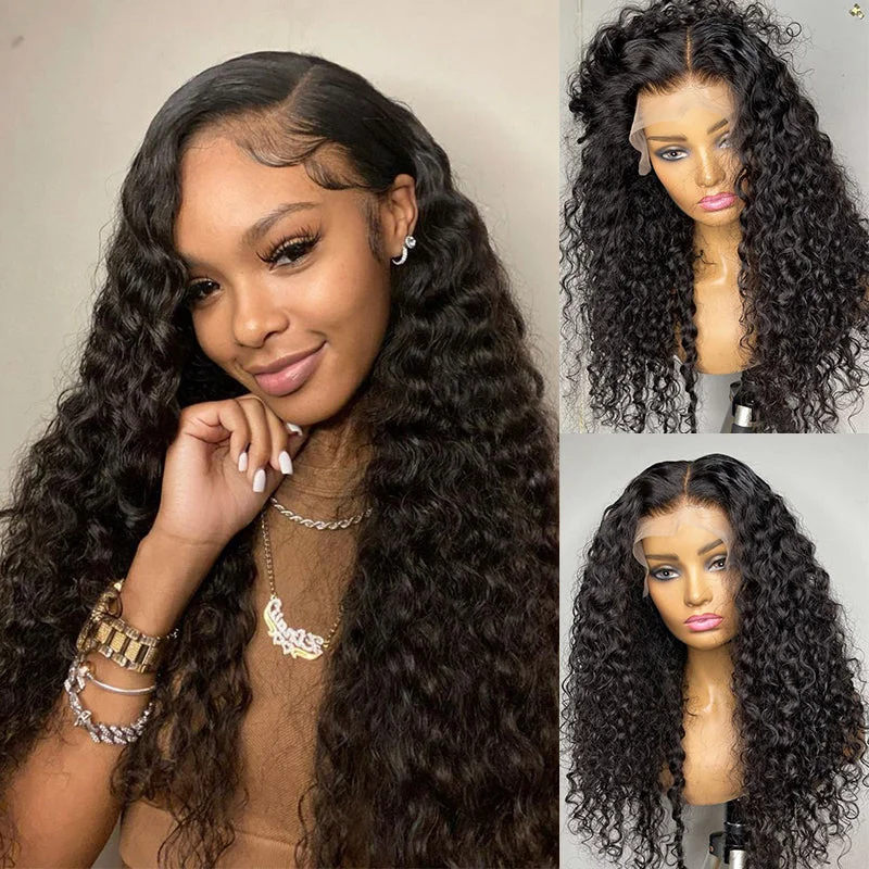 Water wave wig with a curly fringe for a playful and youthful vibe Hot Sale Water Wave 13x6 Transparent Lace Front Wig Pre-plucked Human Hair Wig
