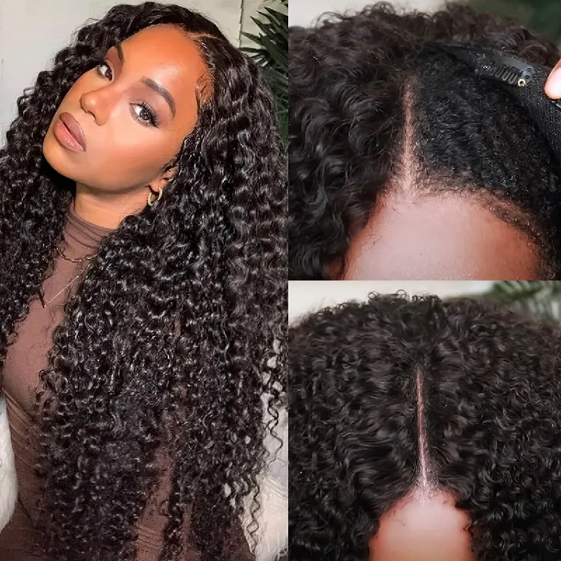Synthetic curly wig with a tight - curl pattern for a natural look Kinky Curly V Part Human Hair Wigs No Leave Out 180% Density Synthetic curly wig with a tight - curl pattern for a natural look Kinky Curly V Part Human Hair Wigs No Leave Out 180% Density
