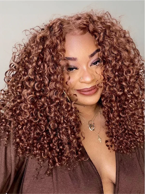 Curly wig with a side - swept bang for a sophisticated look Beme Glueless ReadyWear 13x4 Copper Shimmer Jerry Curly Wig 100% Human Hair Curly wig with a side - swept bang for a sophisticated look Beme Glueless ReadyWear 13x4 Copper Shimmer Jerry Curly Wig 100% Human Hair