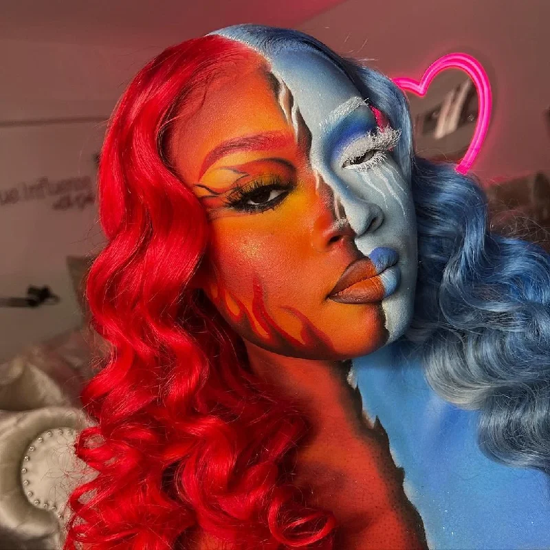 Peruvian Hair Half Blue & Half Red Loose Wavy Lace Front Wig