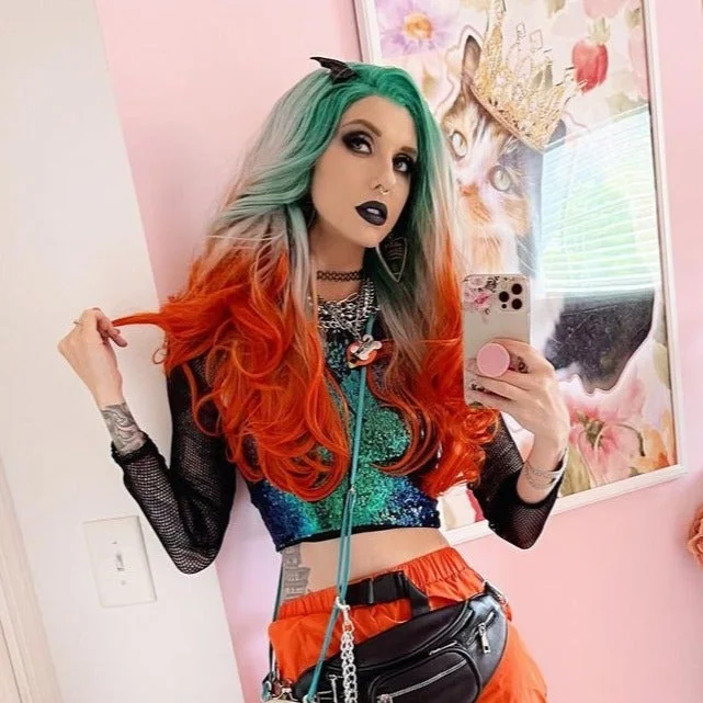 Cocktail - Green & Orange Ombre Long Wavy Synthetic Lace Front Wig