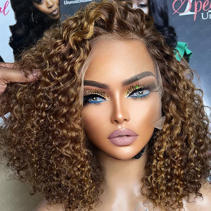 Highlight Brown Curly 13x4 Lace Front Bob Wig Glueless Human Hair Wig