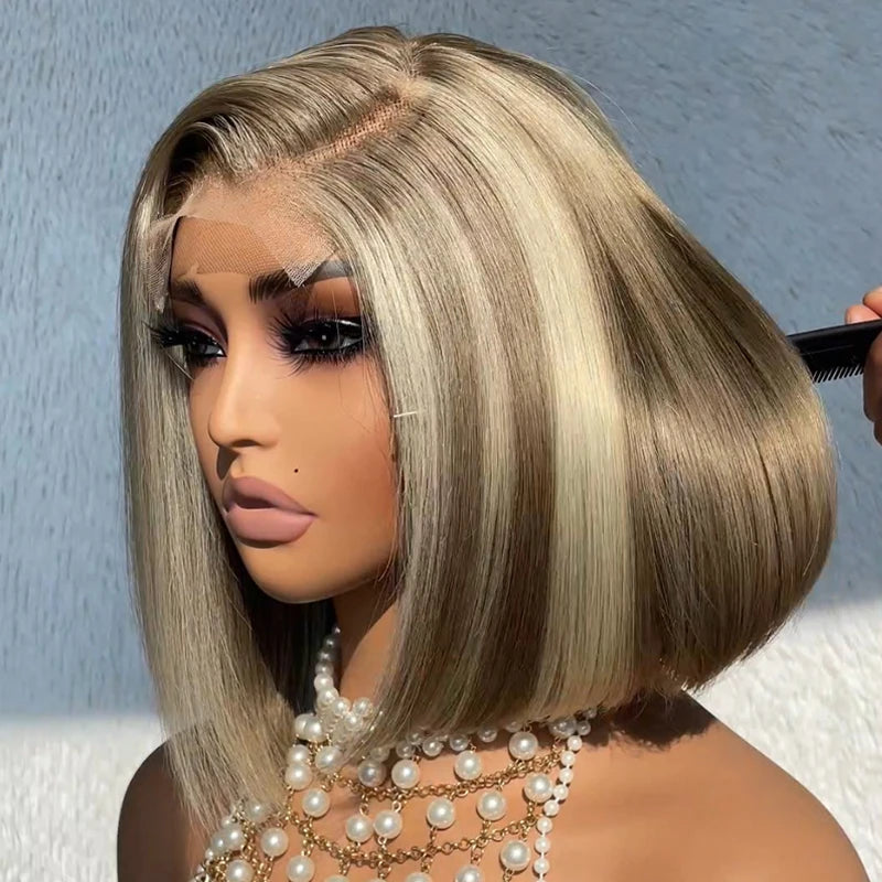 Bob Wigs with UV - Resistant Properties (for Outdoor Use)​ Bob Wigs with Side - Parted Styles​ Pre Plucked Blonde Balayage on Brown Short Bob Wig 4x4 13x4 Lace Human Hair