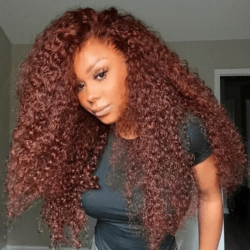 Curly wig with a natural - looking root for a more realistic look Fashional Reddish Brown 33B Auburn Jerry Curly Pre Cut Lace Human Hair Wigs Easy Wear And Go Curly wig with a natural - looking root for a more realistic look Fashional Reddish Brown 33B Auburn Jerry Curly Pre Cut Lace Human Hair Wigs Easy Wear And Go