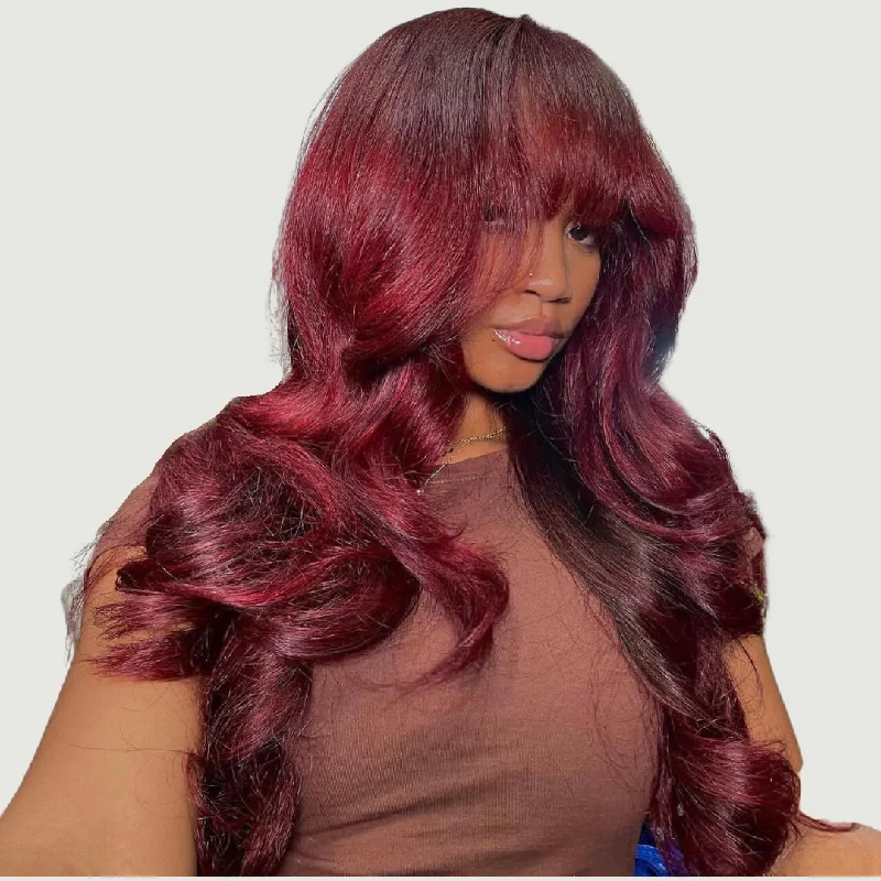 Curly wig with a silk - base cap for a comfortable and smooth feel Kelly Burgundy Bodywave Human Hair Wig With Bangs Curly wig with a silk - base cap for a comfortable and smooth feel Kelly Burgundy Bodywave Human Hair Wig With Bangs