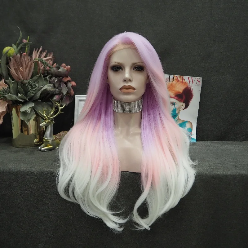 City Star - New Pastel Pink Ombre Noctilucent Long Synthetic Lace Front Party Wigs